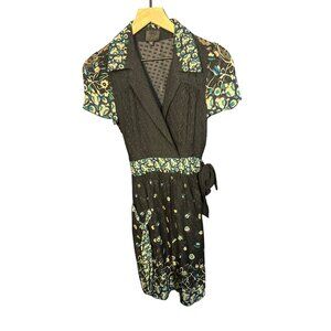 Anna Sui Womens Sheer Wrap Dress Size 4 Black With Floral Accents Short Sleeves